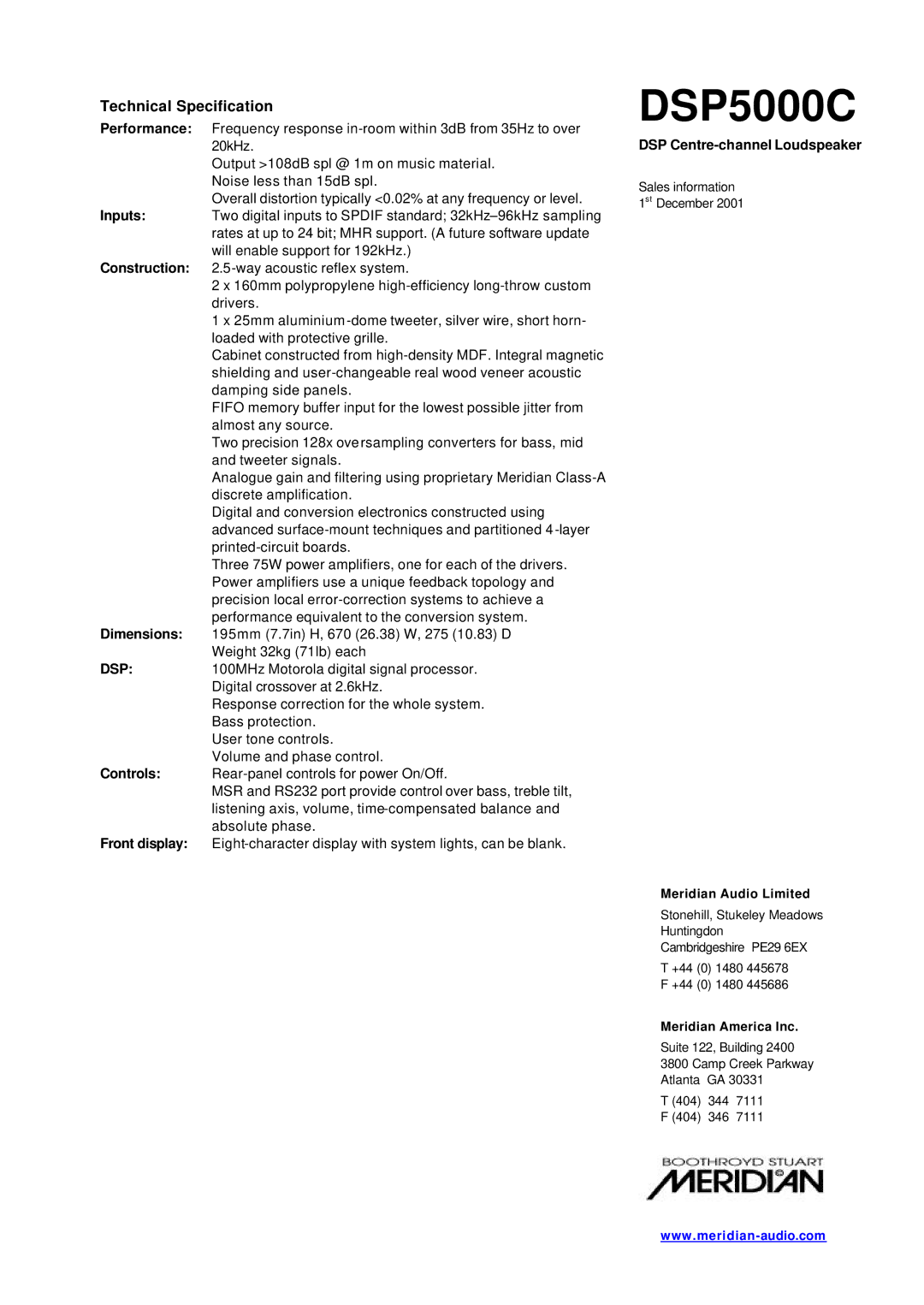 Meridian America DSP5000C manual Technical Specification 