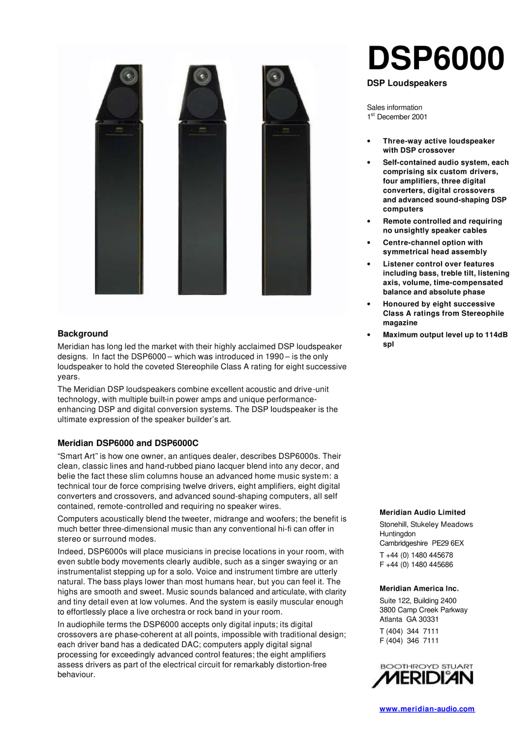 Meridian America manual Background, Meridian DSP6000 and DSP6000C, DSP Loudspeakers 