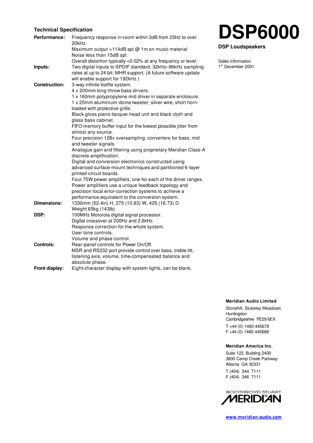 Meridian America DSP6000 manual Technical Specification 