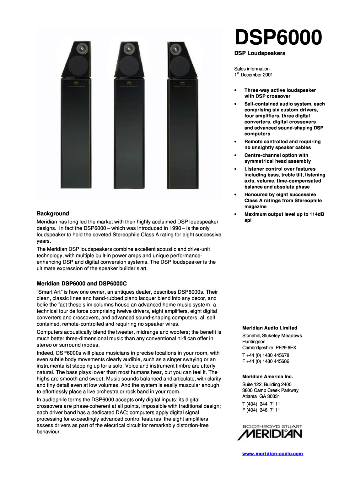 Meridian America manual Background, Meridian DSP6000 and DSP6000C, DSP Loudspeakers 