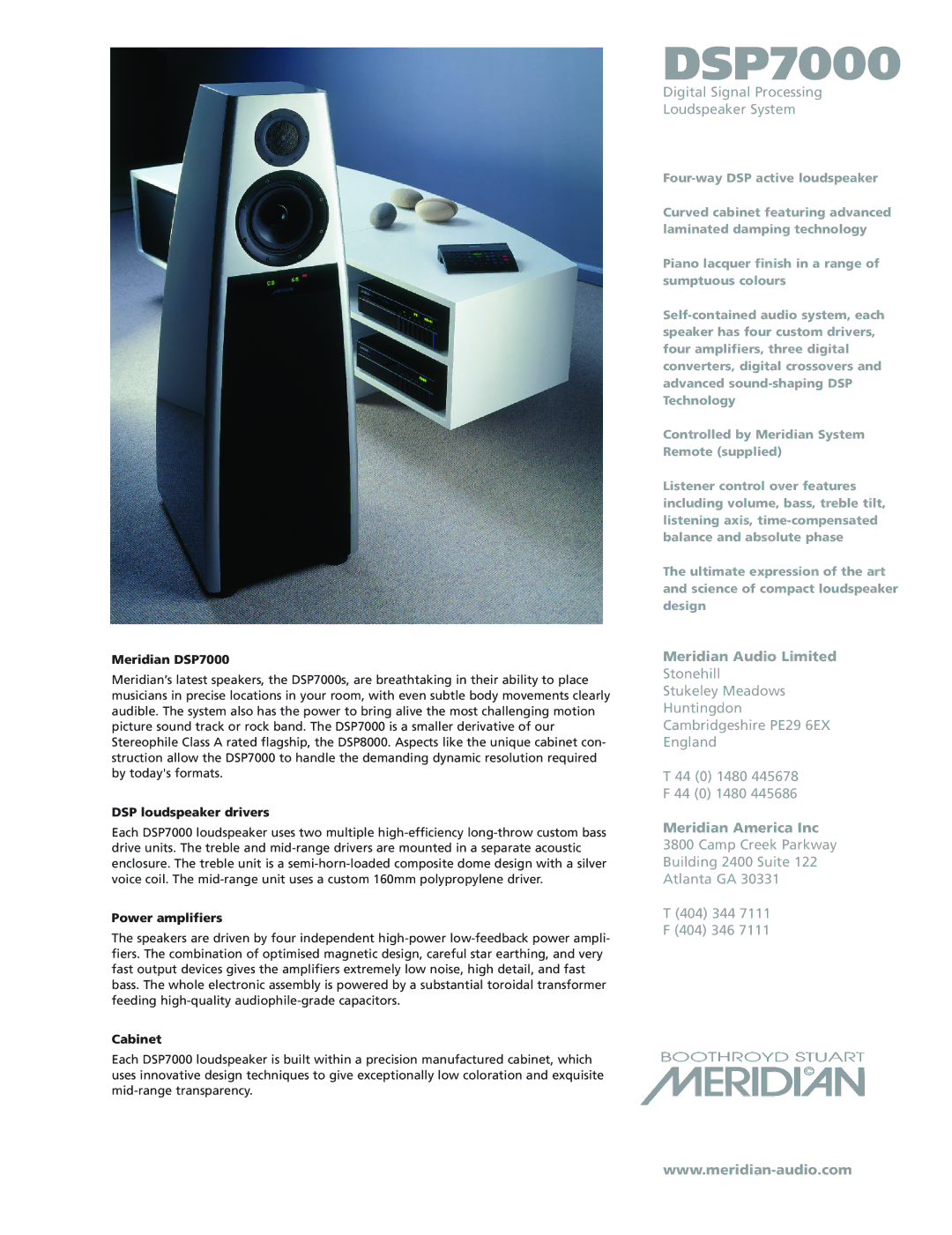 Meridian America DSP7000 manual Digital Signal Processing Loudspeaker System, Meridian Audio Limited, Meridian America Inc 