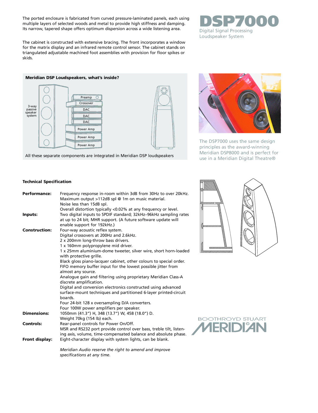 Meridian America DSP7000 manual Meridian DSP Loudspeakers, what’s inside?, Technical Specification 