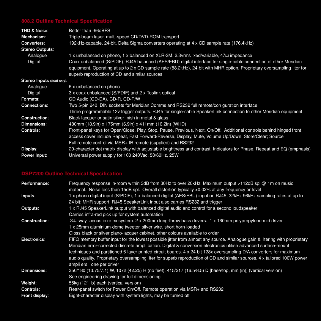 Meridian America DSP7200 manual Outline Technical Specification 