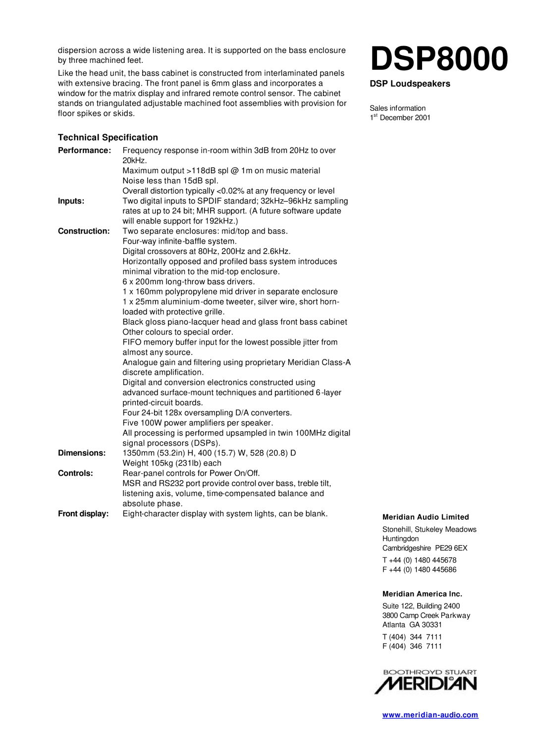 Meridian America DSP8000 manual Technical Specification 