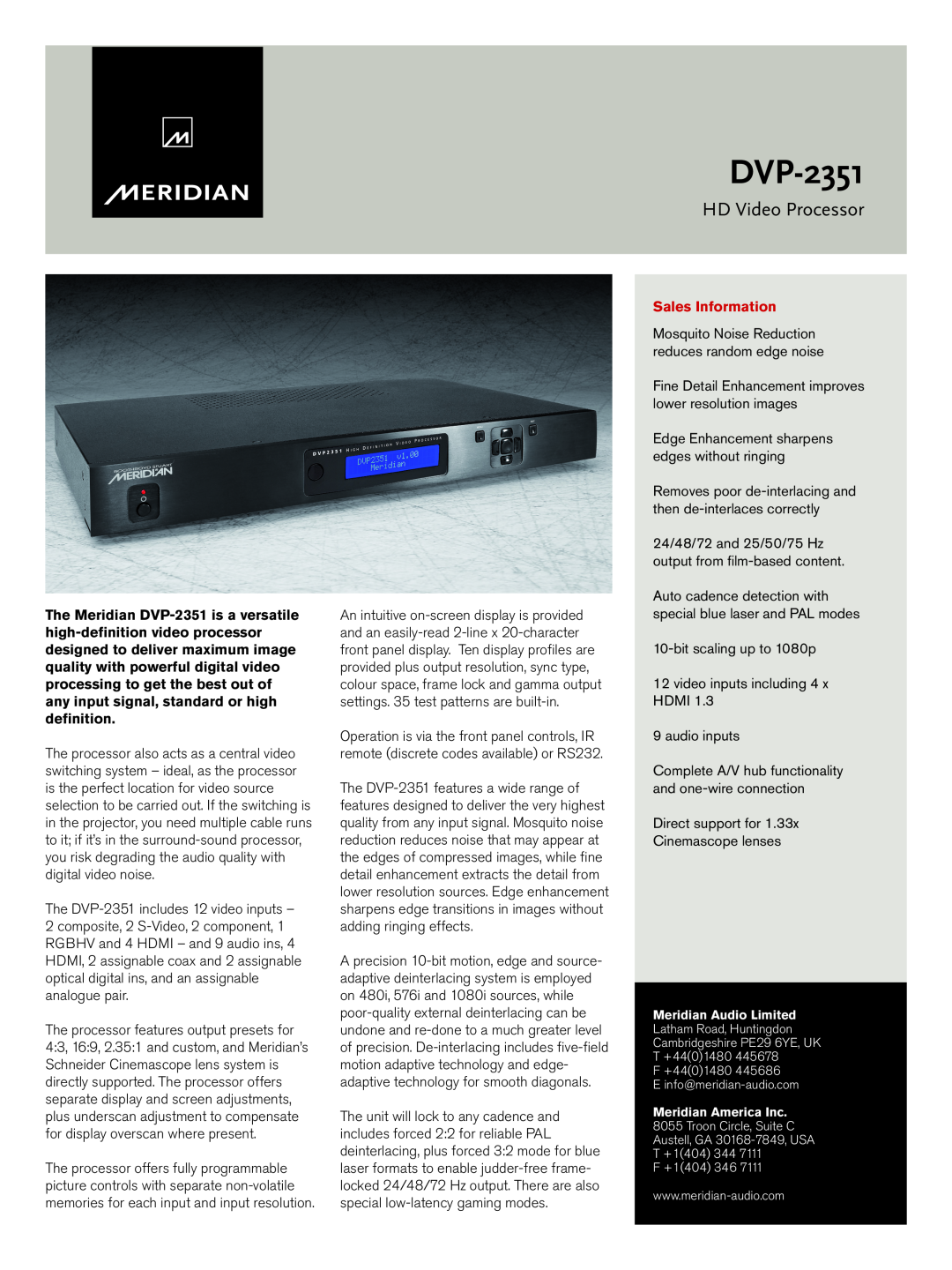 Meridian America DVP-2351 manual HD Video Processor, Sales Information, Meridian Audio Limited, Meridian America Inc 
