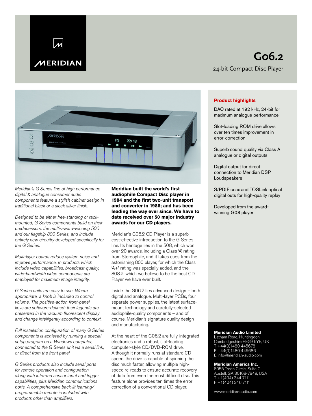 Meridian America G06.2 manual bitCompact Disc Player, Product highlights 