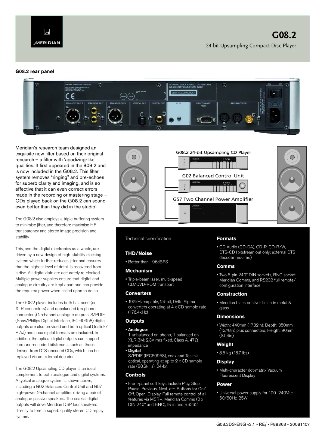 Meridian America G08.2 manual THD/Noise, Mechanism, Converters, Outputs, Controls, Formats, Comms, Construction, Dimensions 