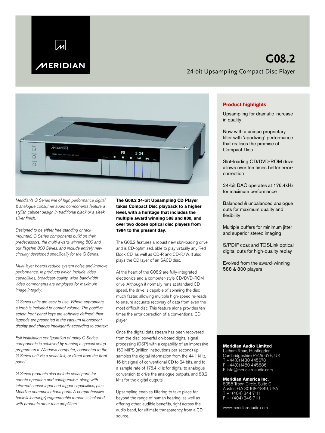 Meridian America G08.2 manual bitUpsampling Compact Disc Player, Product highlights 