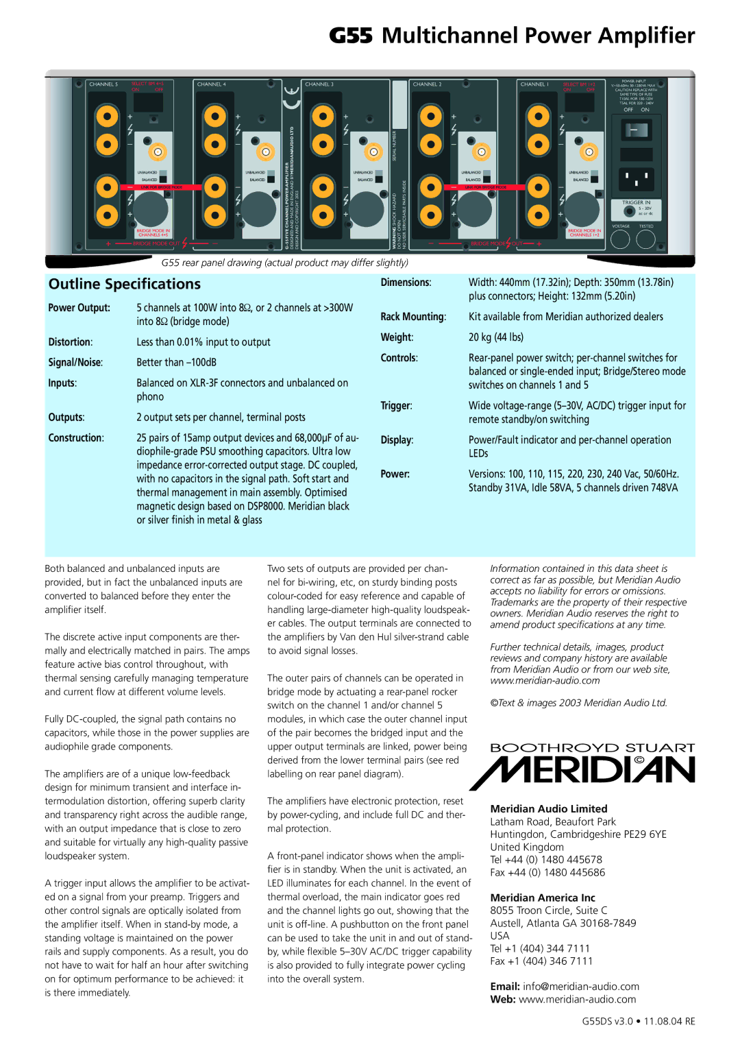 Meridian America G55 manual Multichannel Power Ampliﬁer, Outline Speciﬁcations 