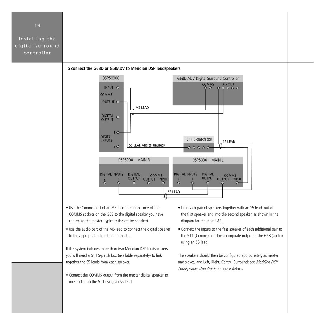 Meridian America manual To connect the G68D or G68ADV to Meridian DSP loudspeakers, DSP5000C, Patch box 