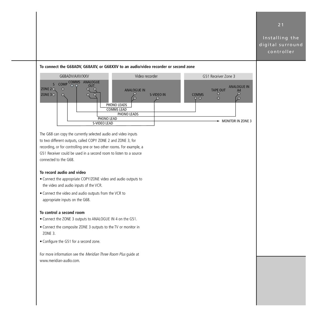 Meridian America G68 manual To record audio and video, To control a second room 