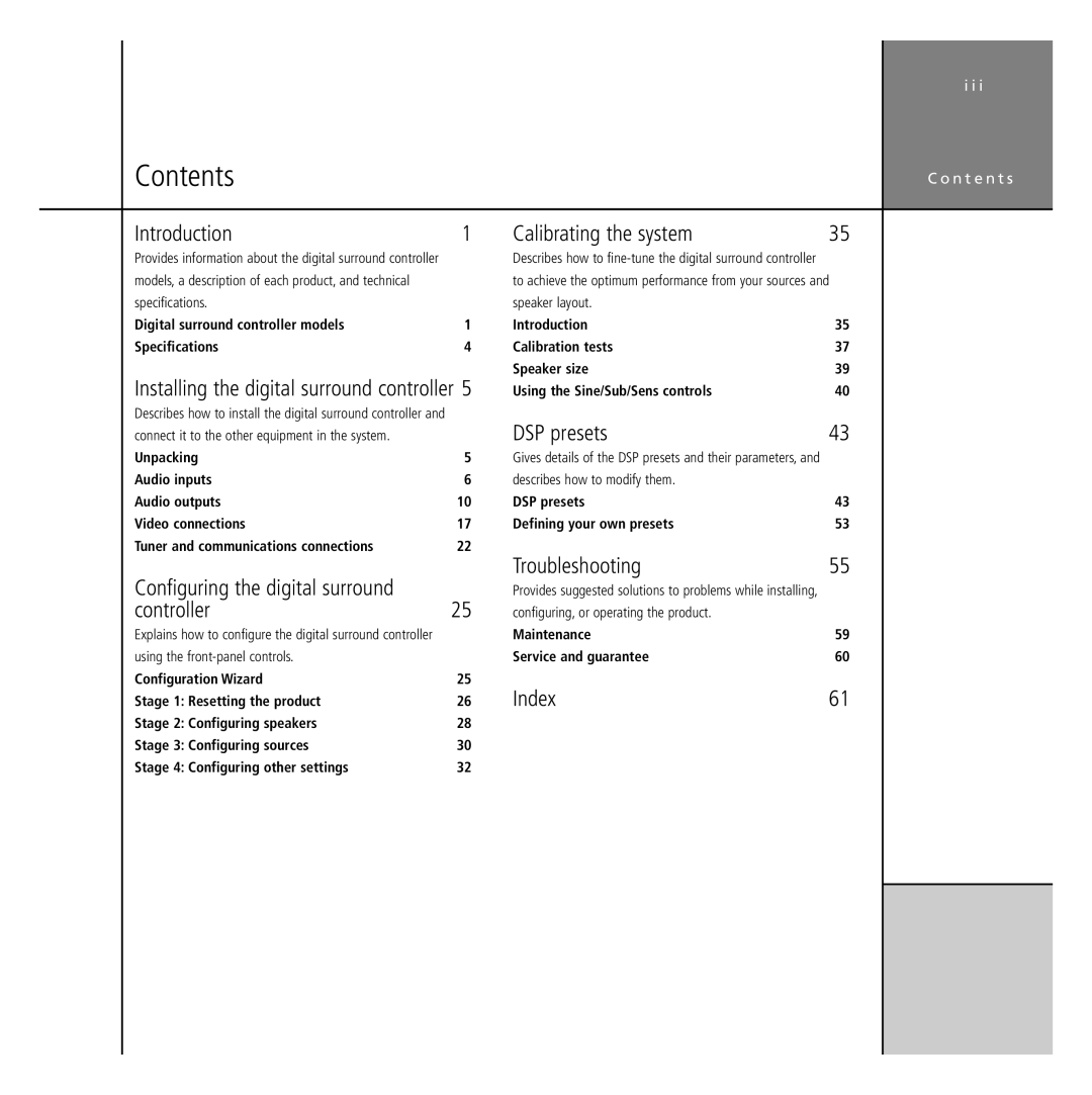 Meridian America G68 manual Contents 