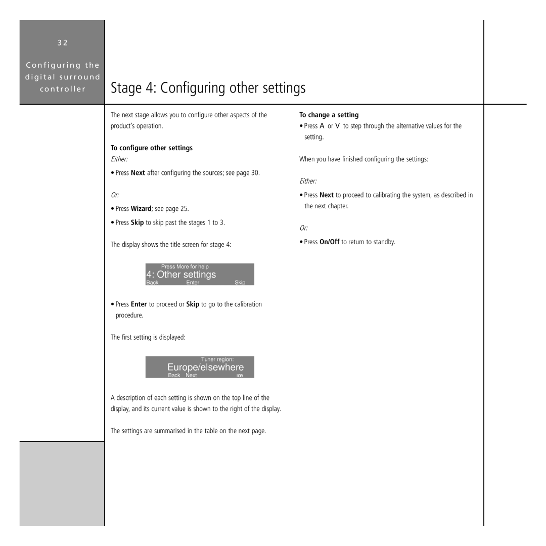 Meridian America G68 Stage 4 Configuring other settings, Other settings, Europe/elsewhere, To configure other settings 