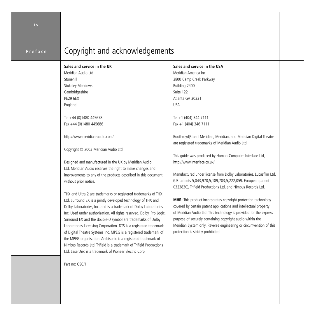 Meridian America G68 manual Copyright and acknowledgements, Sales and service in the UK, Sales and service in the USA 