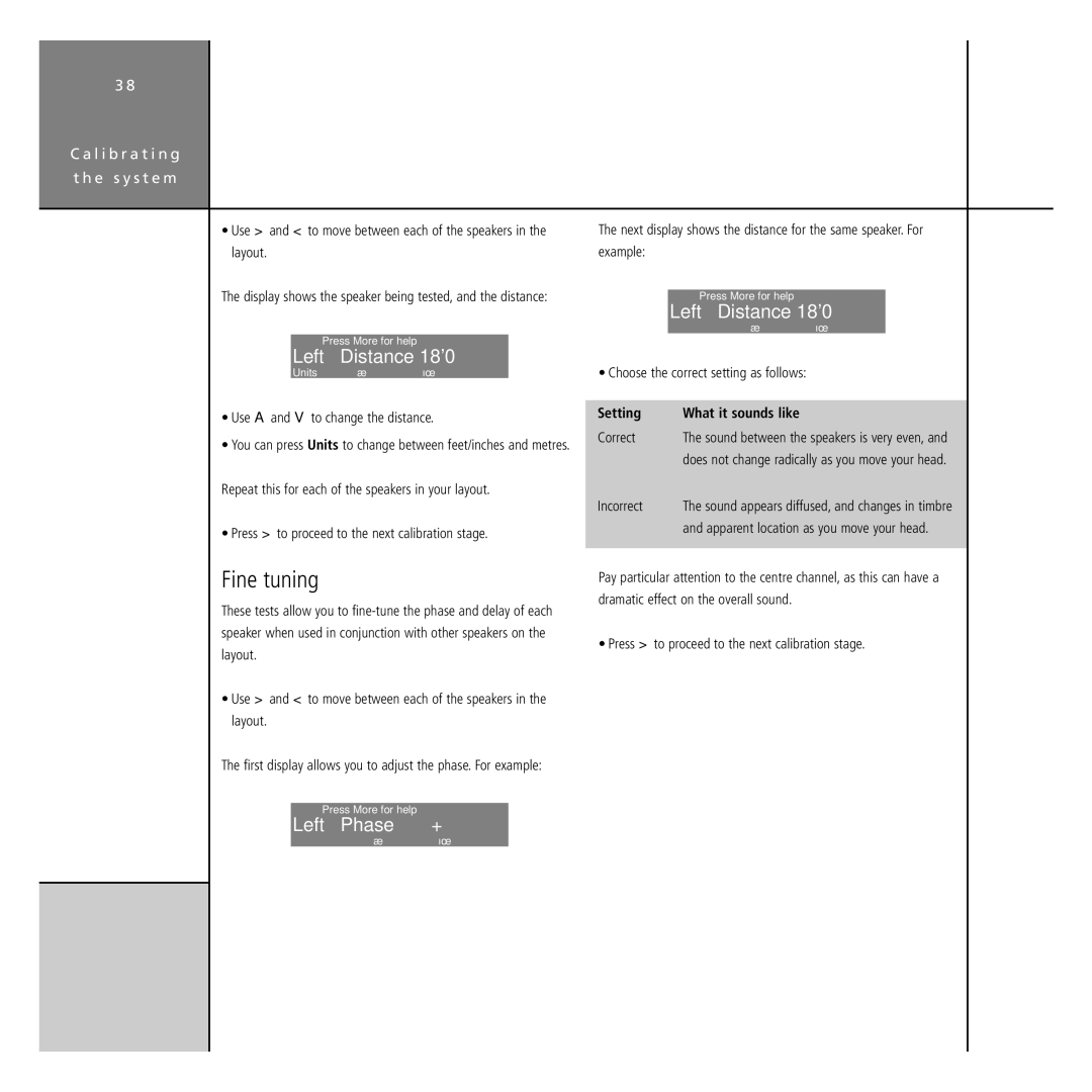 Meridian America G68 manual Fine tuning, Left Distance, Left Phase, Setting What it sounds like 