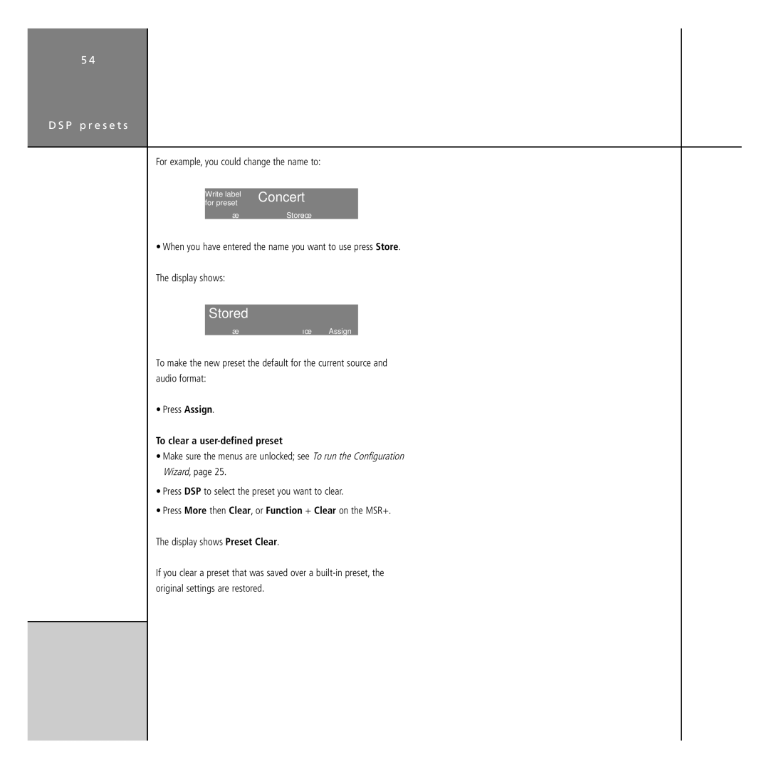 Meridian America G68 manual Stored, For example, you could change the name to, To clear a user-defined preset 