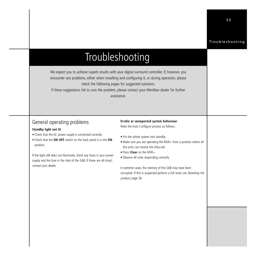 Meridian America G68 manual General operating problems, Standby light not lit, Erratic or unexpected system behaviour 
