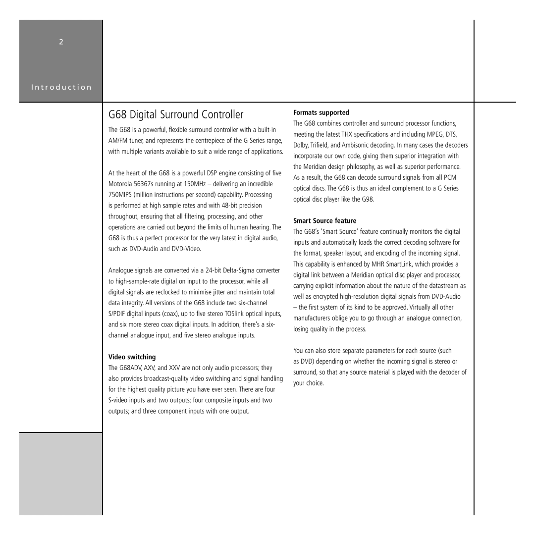Meridian America manual G68 Digital Surround Controller, Video switching, Formats supported, Smart Source feature 