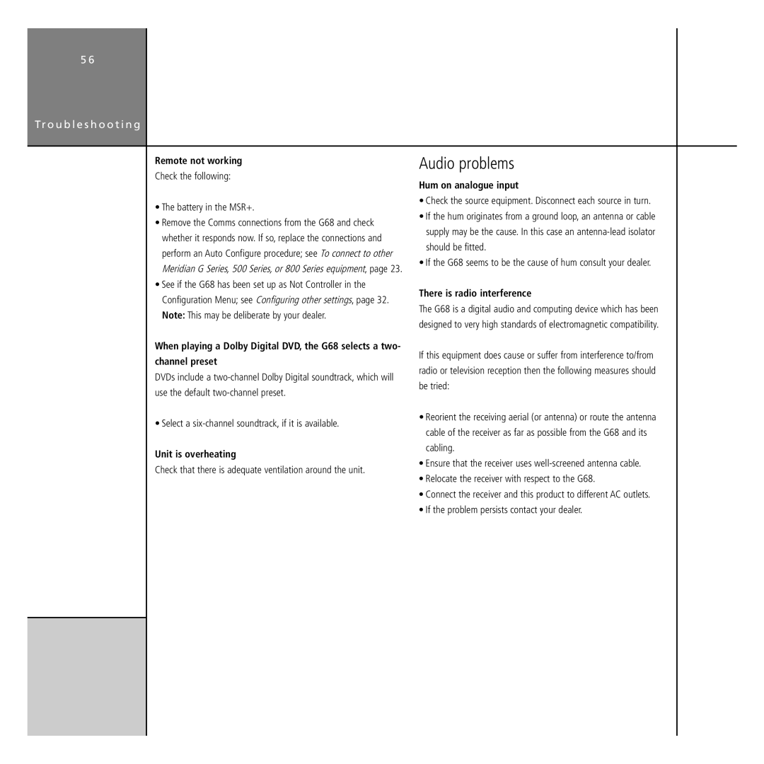 Meridian America G68 manual Audio problems, Remote not working, Unit is overheating, Hum on analogue input 