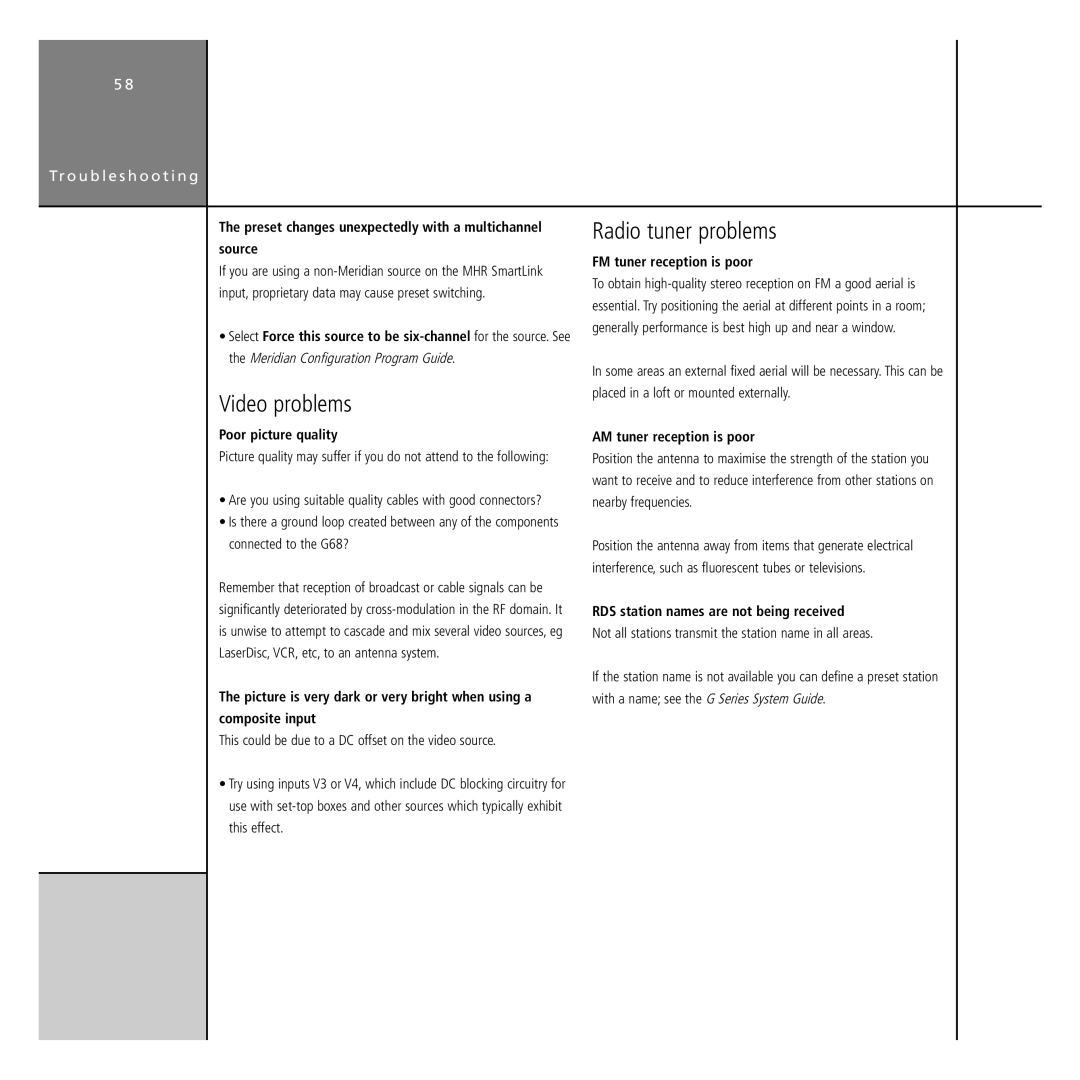Meridian America G68 manual Video problems, Radio tuner problems 