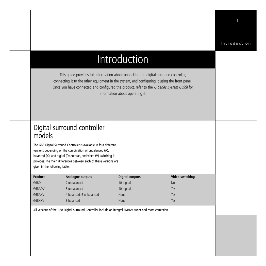 Meridian America G68 manual Introduction, Digital surround controller models 