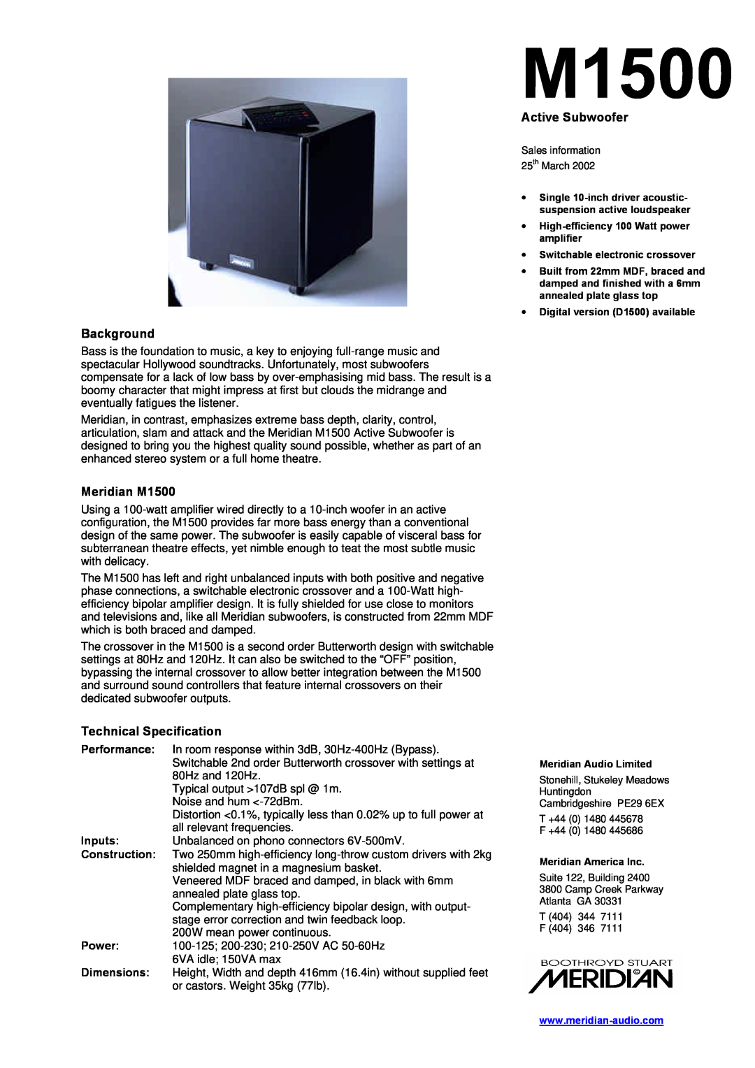 Meridian America dimensions Active Subwoofer, Background, Meridian M1500, Technical Specification 