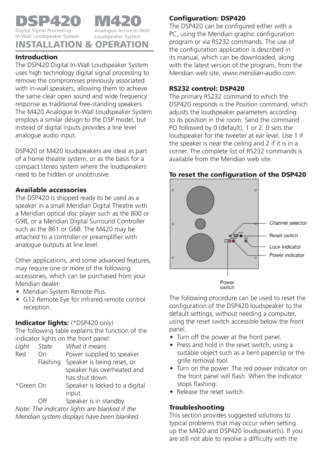 Meridian America M420 manual Introduction, Available accessories, Indicator lights *DSP420 only, Troubleshooting 