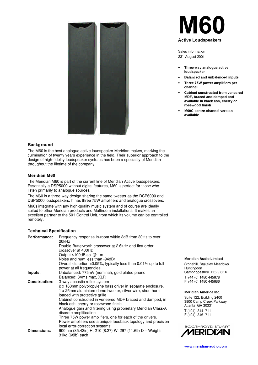 Meridian America dimensions Active Loudspeakers, Background, Meridian M60, Technical Specification 