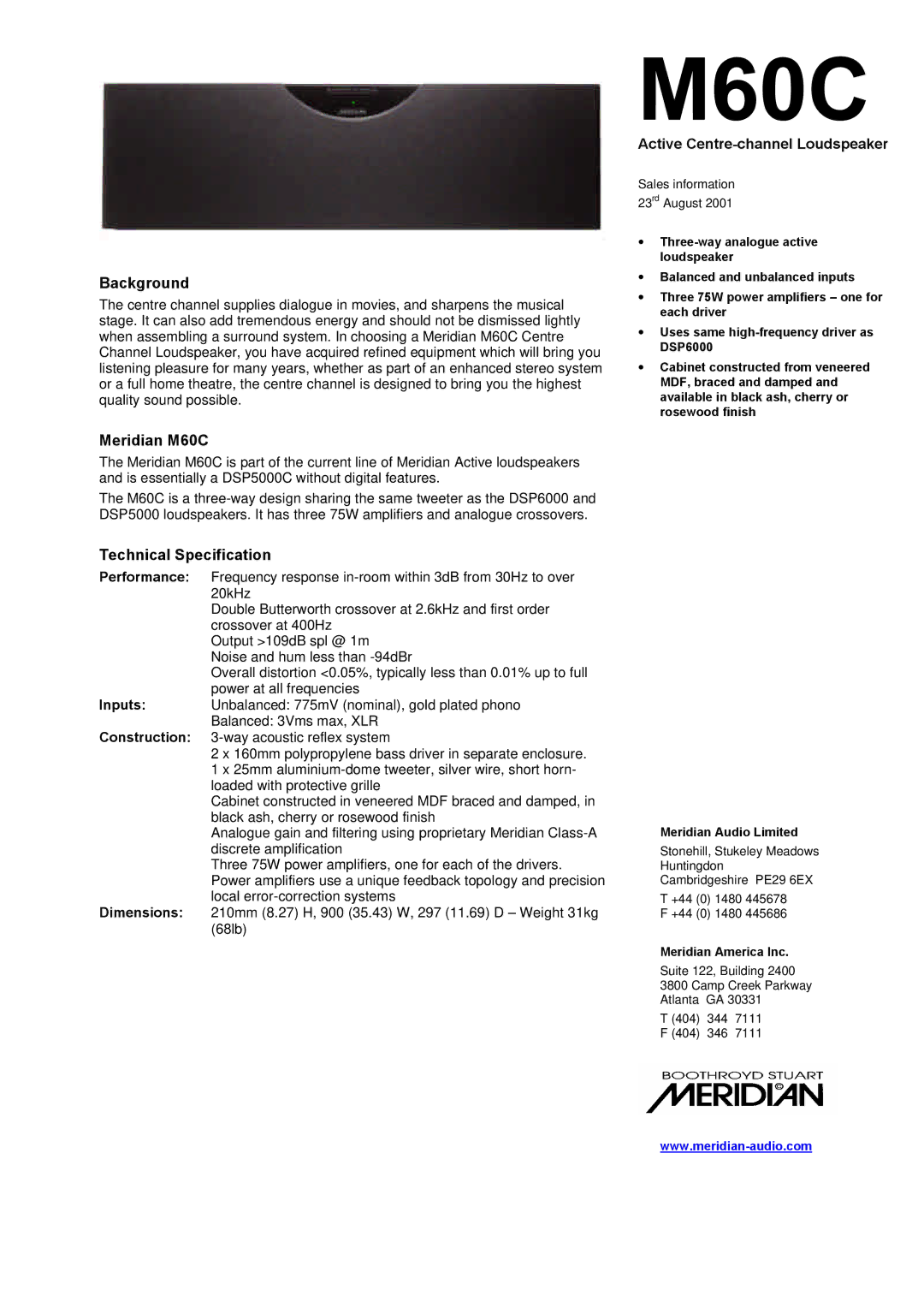 Meridian America dimensions Background, Meridian M60C, Active Centre-channel Loudspeaker, Technical Specification 