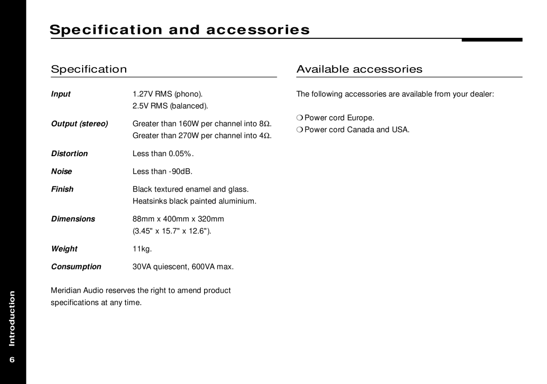 Meridian America Meridian 505 manual Specification and accessories, Available accessories 