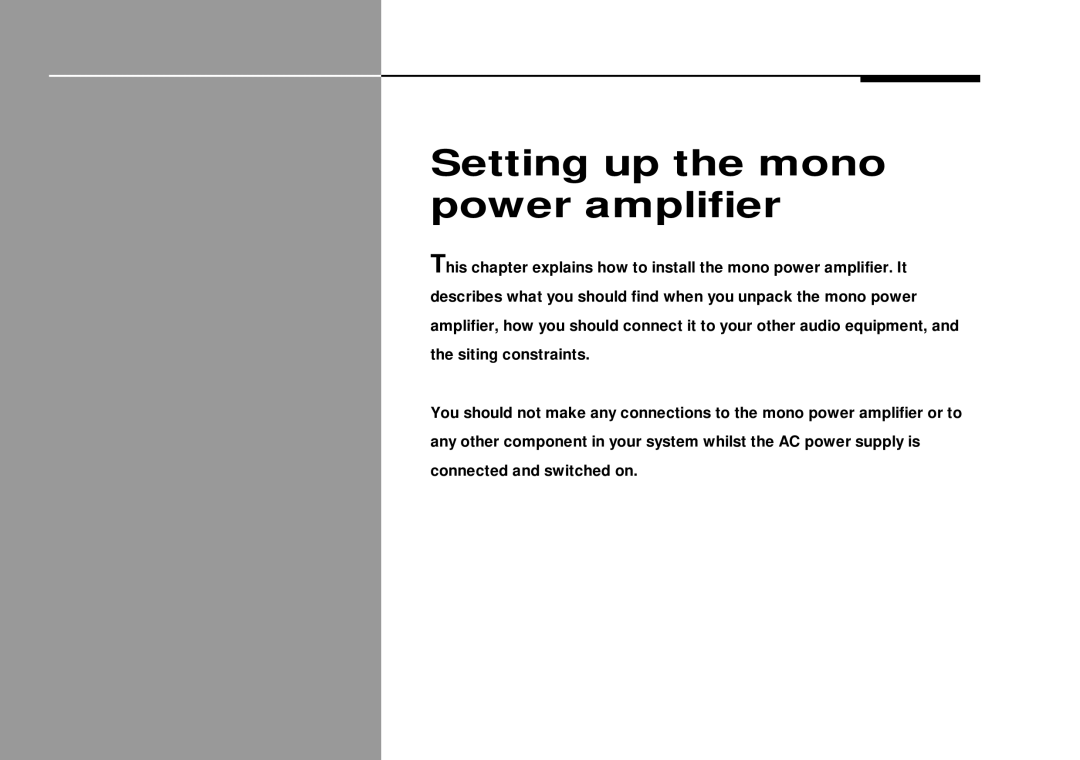 Meridian America Meridian 505 manual Setting up the mono power amplifier 