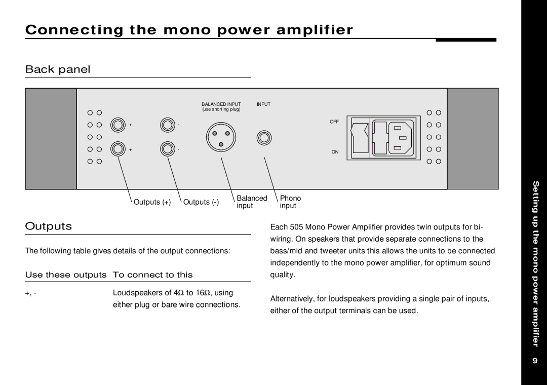 Meridian America Meridian 505 manual Connecting the mono power amplifier, Back panel, Outputs 