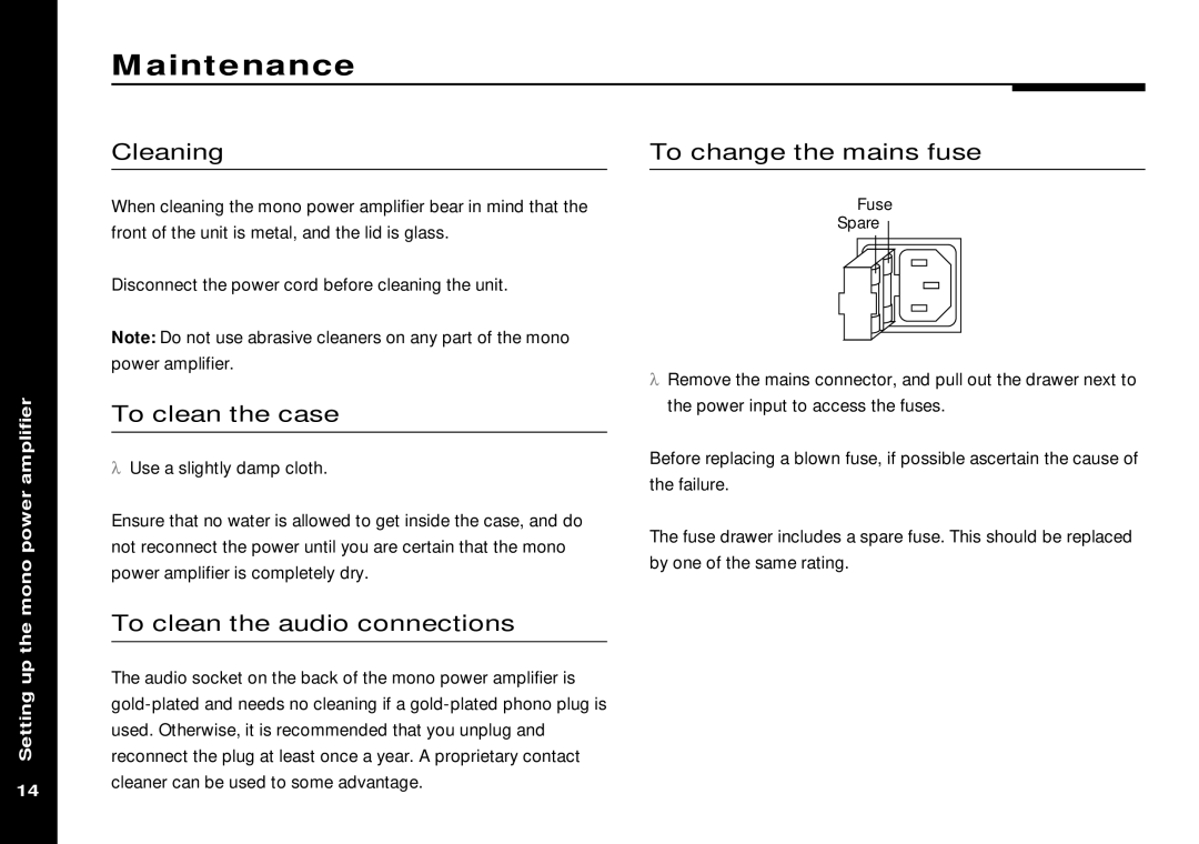 Meridian America Meridian 505 manual Maintenance, Cleaning, To clean the case, To change the mains fuse 