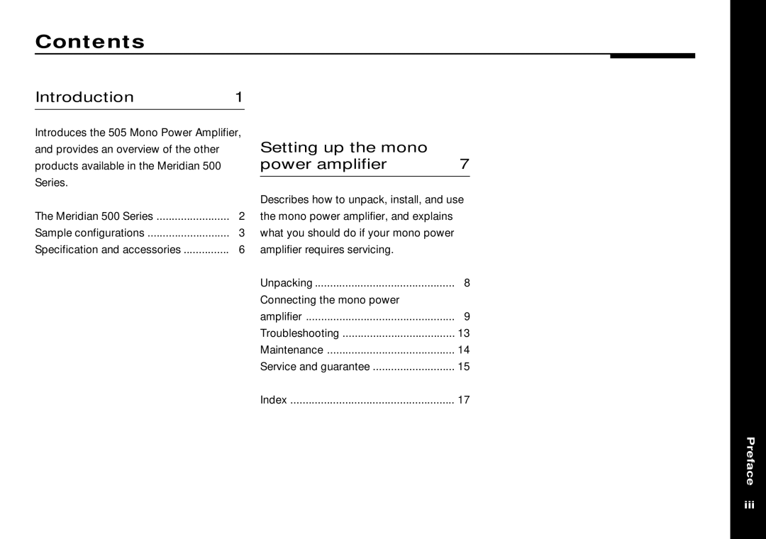 Meridian America Meridian 505 manual Contents 