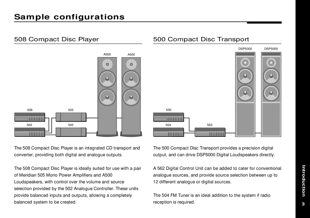 Meridian America Meridian 505 manual Sample configurations, Compact Disc Player Compact Disc Transport 