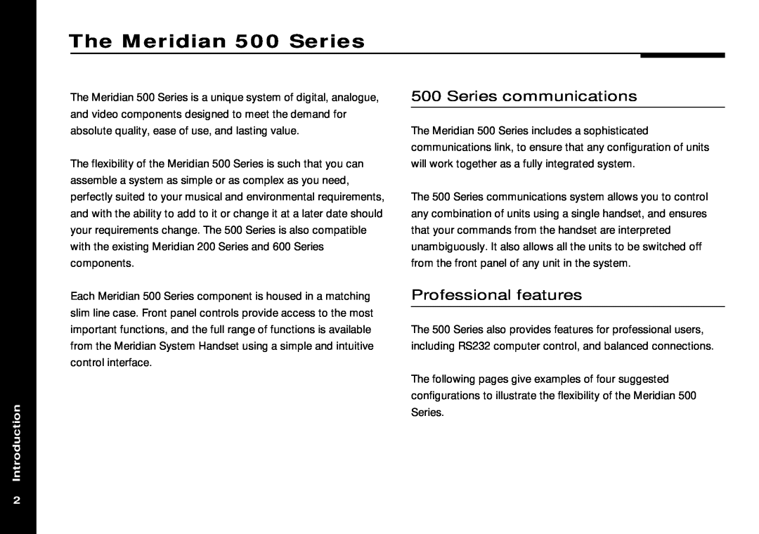 Meridian America Meridian 505 manual The Meridian 500 Series, Series communications, Professional features, Introduction 