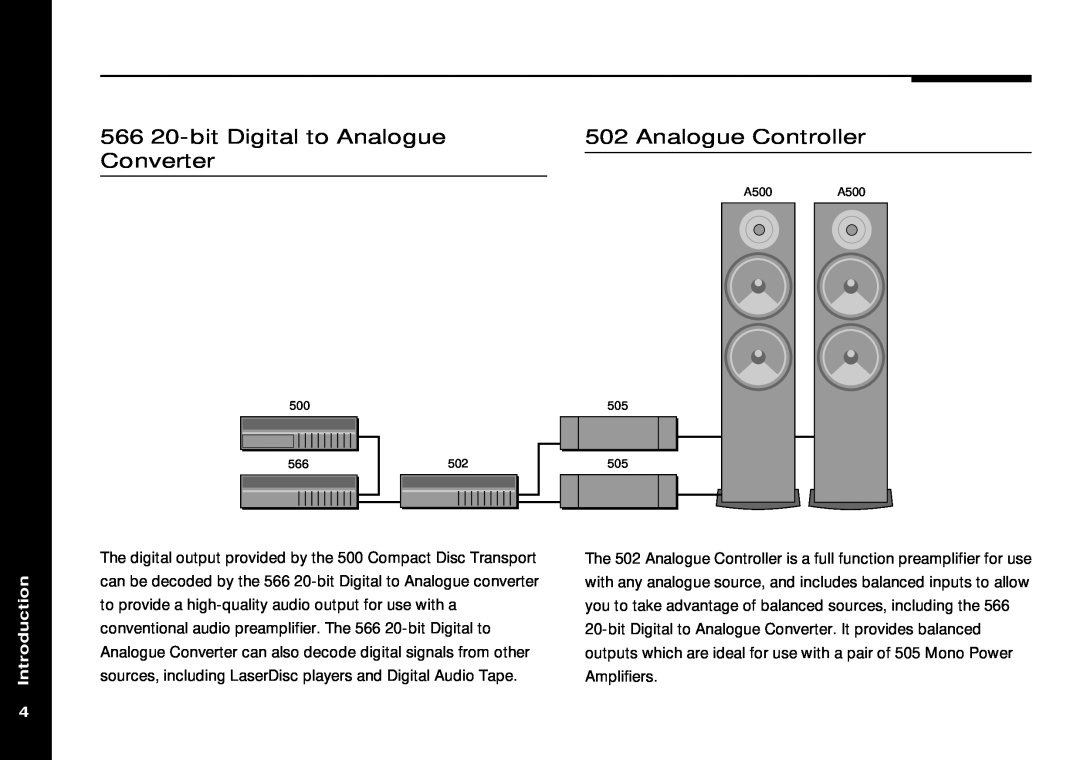 Meridian America Meridian 505 manual 566 20-bitDigital to Analogue Converter, Analogue Controller, Introduction, A500 
