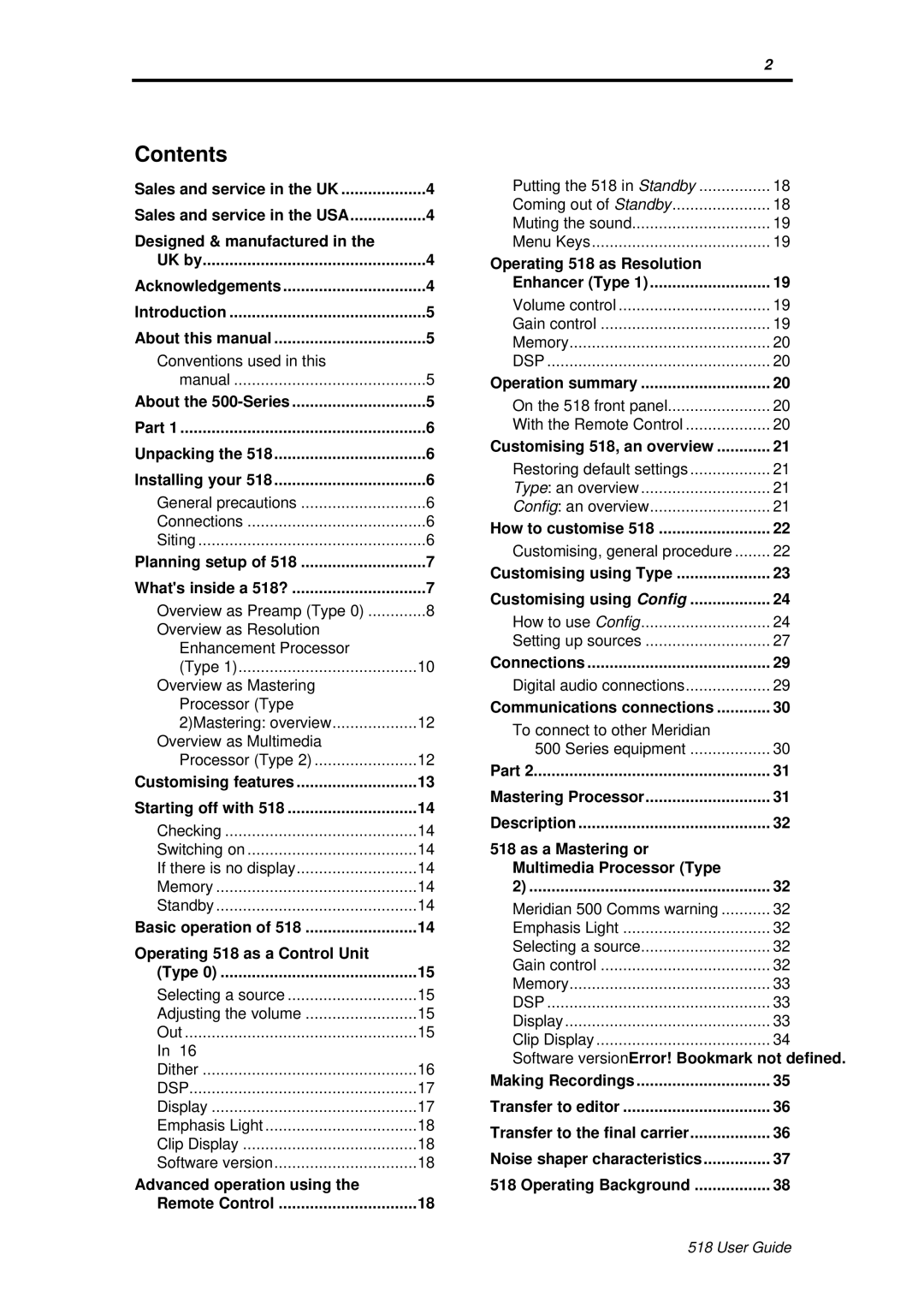 Meridian America Meridian 518 manual Contents 