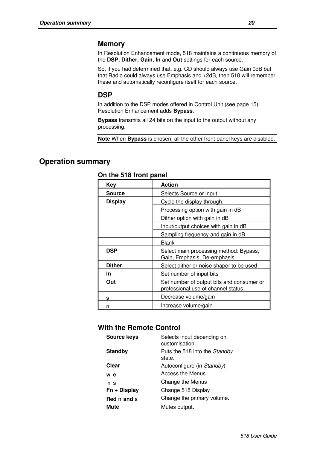 Meridian America Meridian 518 manual Operation summary, Memory, With the Remote Control 