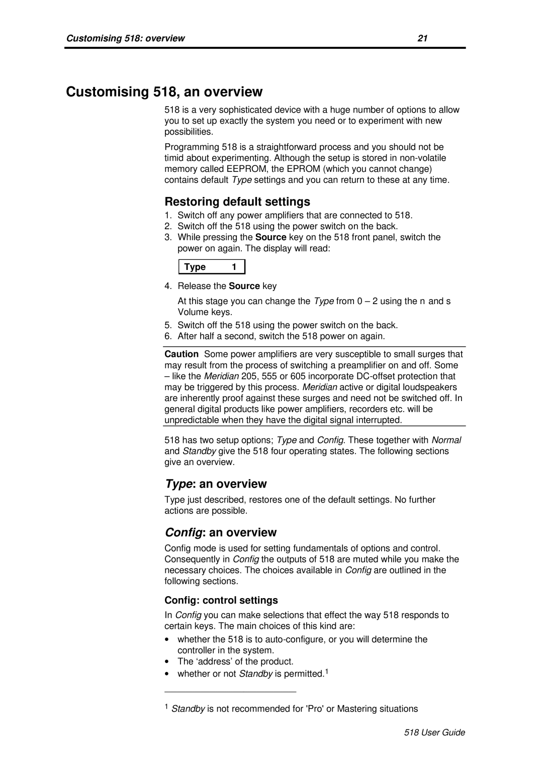 Meridian America Meridian 518 manual Customising 518, an overview, Restoring default settings, Type an overview 