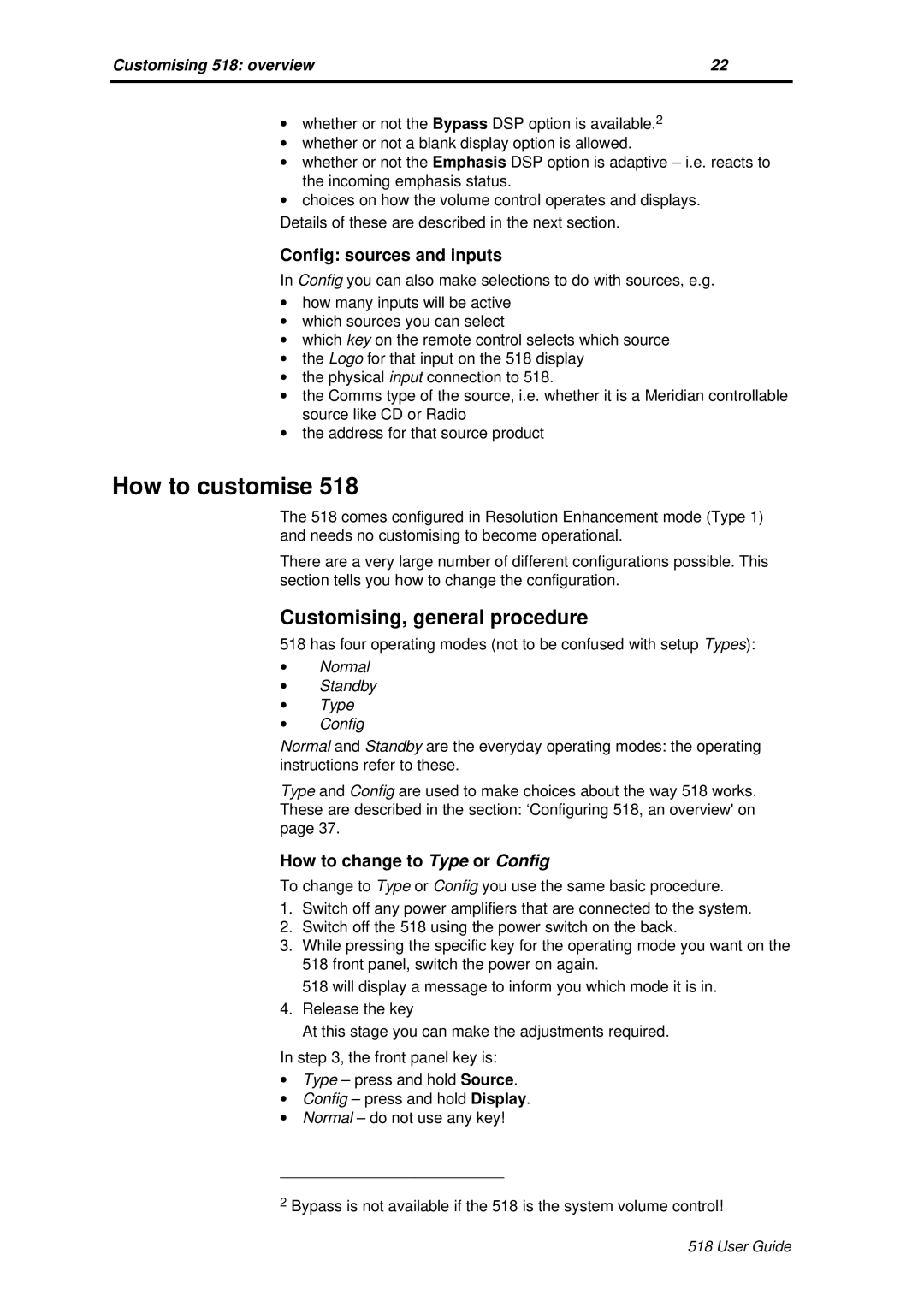 Meridian America Meridian 518 manual How to customise, Customising, general procedure, Config sources and inputs 