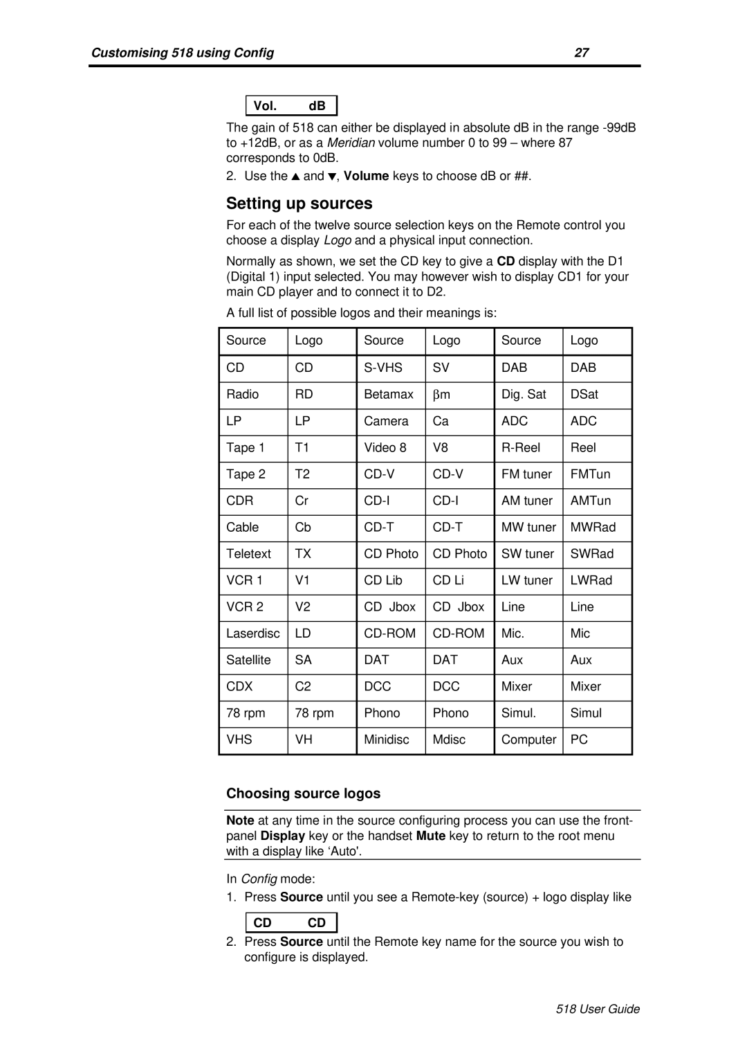 Meridian America Meridian 518 manual Setting up sources, Choosing source logos, Vol. dB 