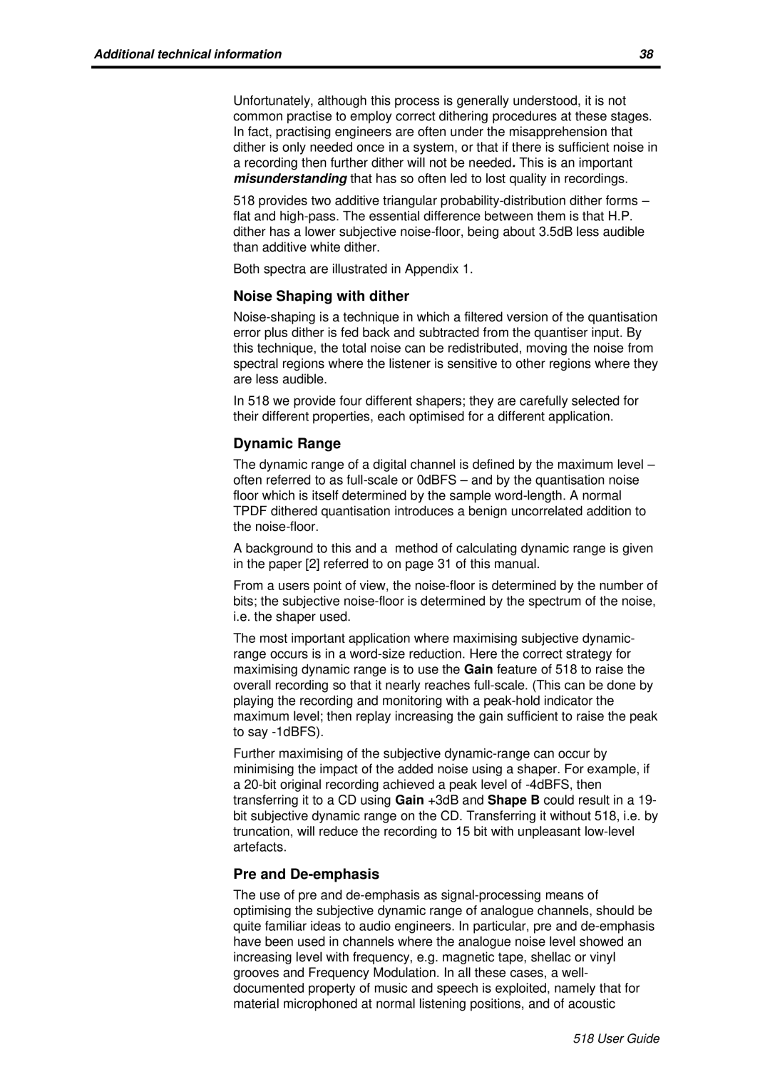 Meridian America Meridian 518 manual Noise Shaping with dither, Dynamic Range, Pre and De-emphasis 