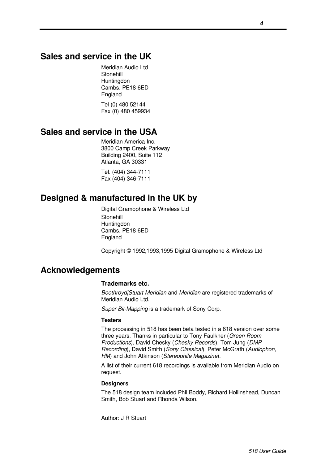 Meridian America Meridian 518 Sales and service in the UK, Sales and service in the USA, Acknowledgements, Trademarks etc 