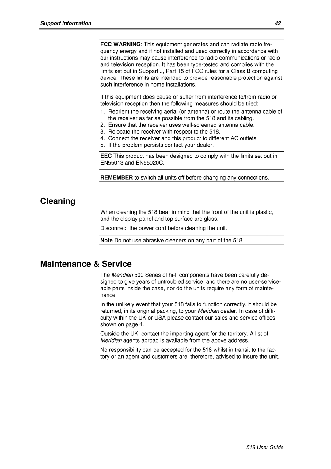 Meridian America Meridian 518 manual Cleaning, Maintenance & Service 