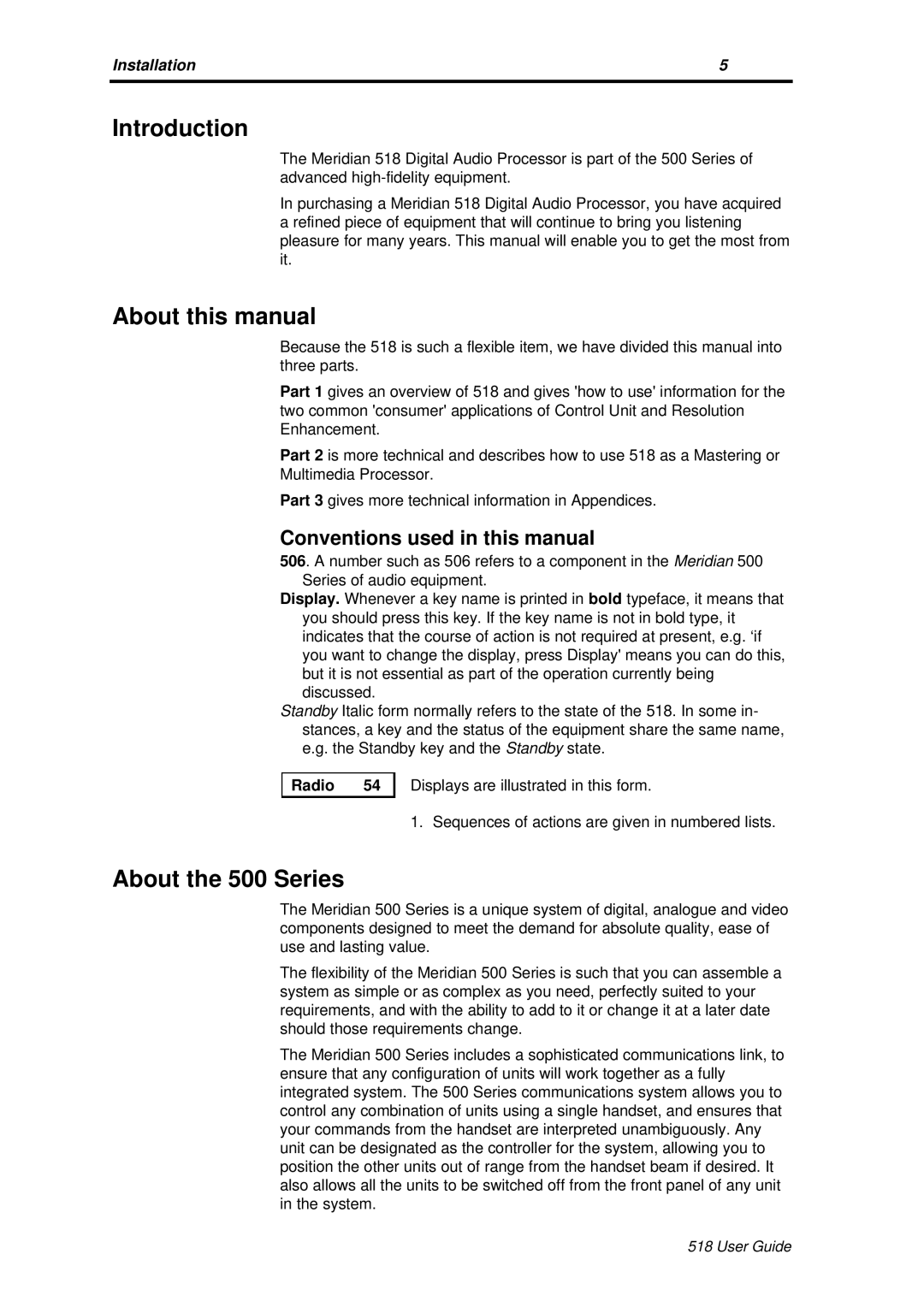 Meridian America Meridian 518 Introduction, About this manual, About the 500 Series, Conventions used in this manual 