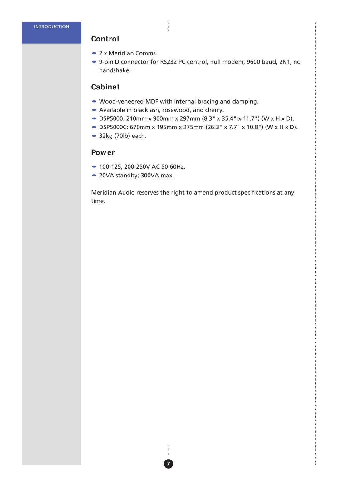 Meridian America Meridian DSP, DSP Loudspeaker manual Control, Power 