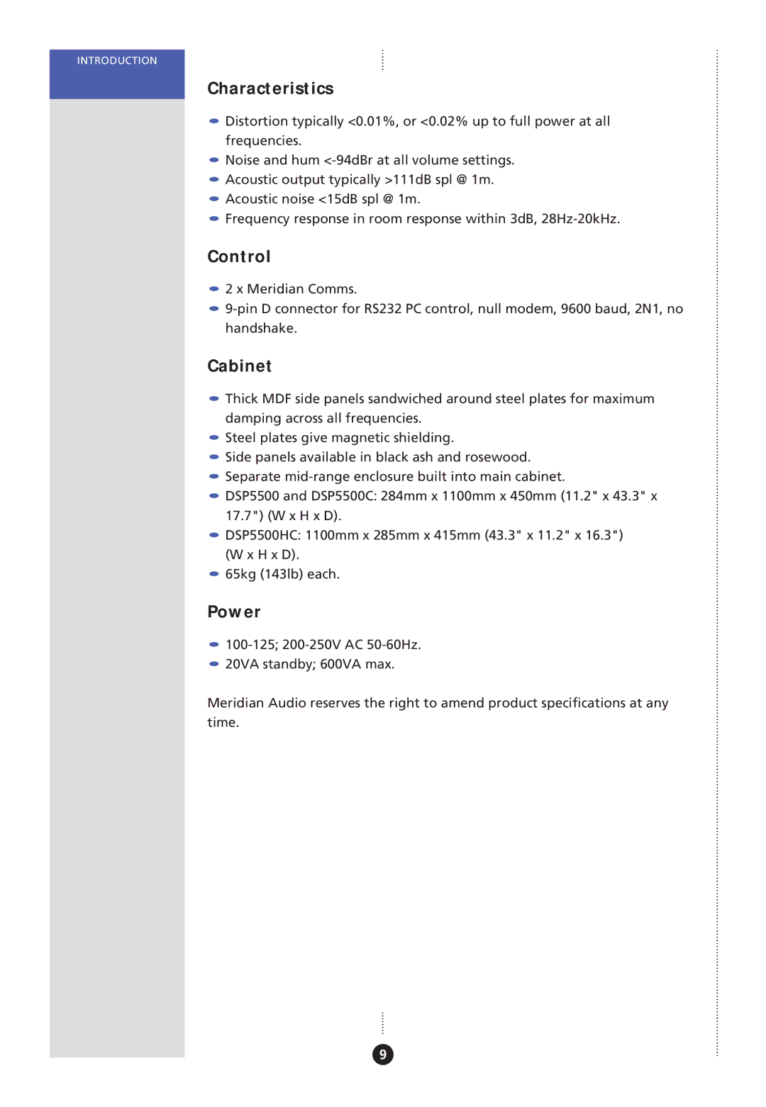 Meridian America Meridian DSP, DSP Loudspeaker manual Characteristics 