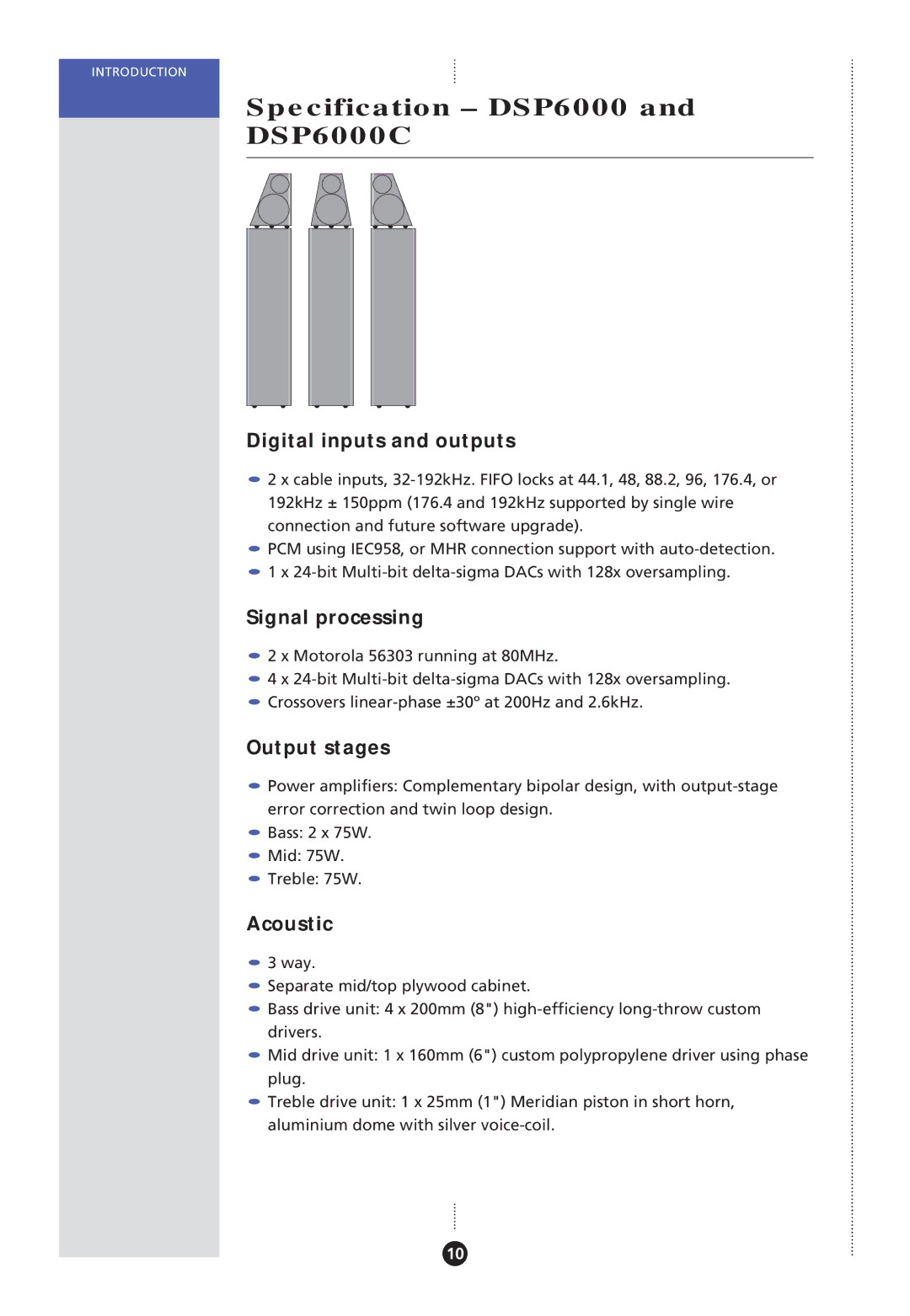 Meridian America DSP Loudspeaker, Meridian DSP manual Specification DSP6000 DSP6000C 