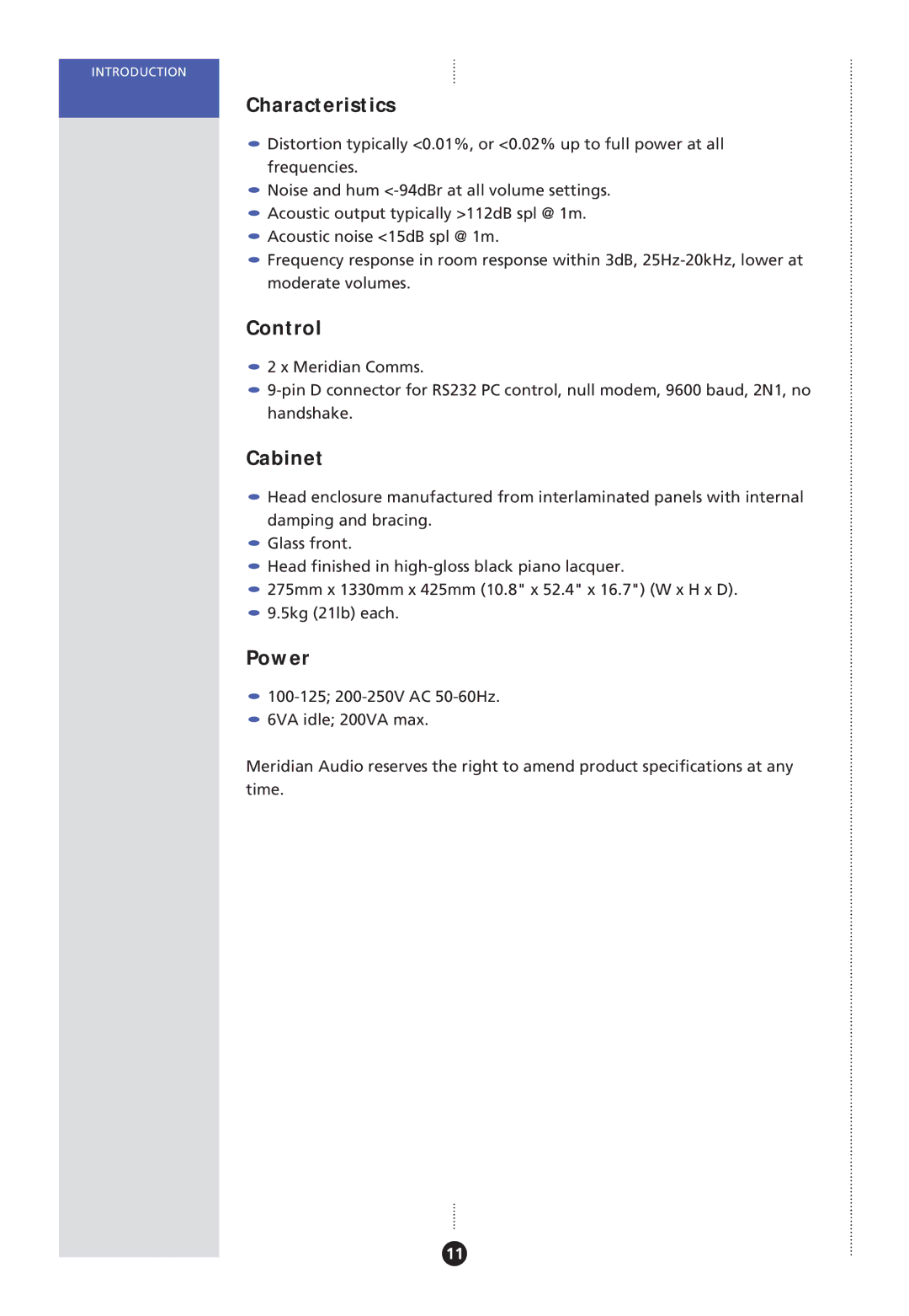 Meridian America Meridian DSP, DSP Loudspeaker manual Characteristics 